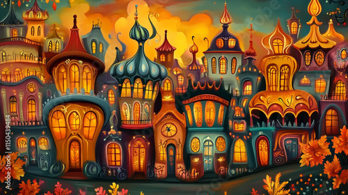 Whimsical Style Illustrations of Ancient Cities in Vibrant Fantasy Worlds