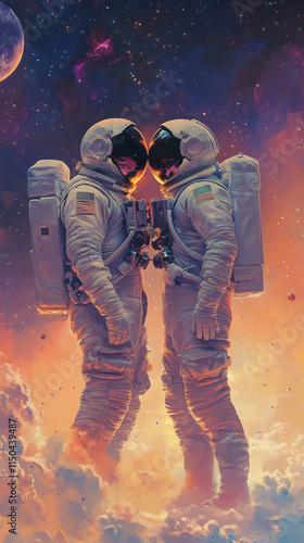 Astronauts Kiss Under a Full Moon.Cosmic Love Between Astronauts. Romantic Moment in Space