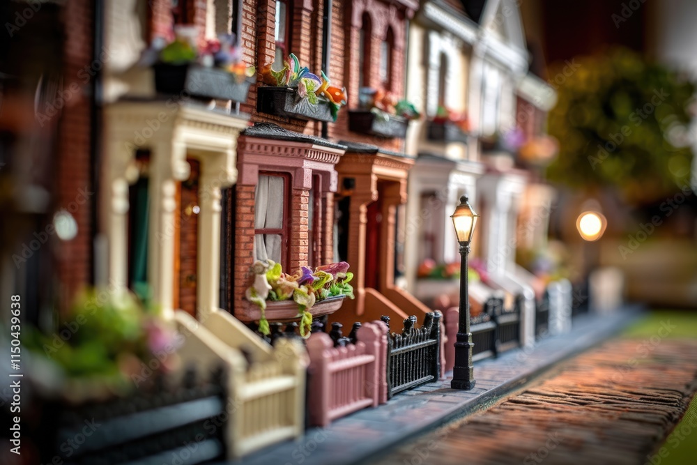 Fototapeta premium A charming miniature row of houses with vibrant window boxes and a quaint street lamp.