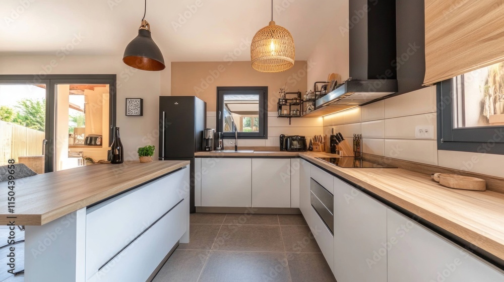 Fototapeta premium Modern kitchen with island, white cabinets, wood countertops, and black appliances.