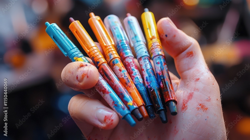 Obraz premium Hand holding colorful markers with paint stains in a creative workspace setting