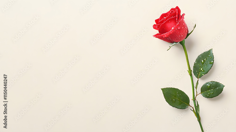 Obraz premium close up of single red rose with dewdrops glistening on its petals, showcasing its beauty and freshness
