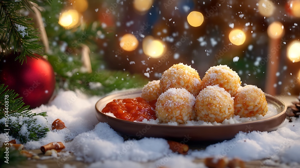 A plate of golden risotto balls filled with mozzarella, served with a side of marinara sauce on a snow-covered dining table. A plate of golden risotto balls filled with mozzarella, served with a side of marinara sauce on a snow-covered dining table.