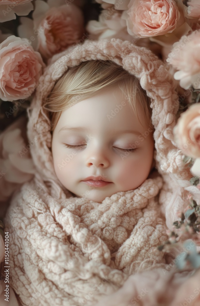 Sweet sleeping baby wrapped in soft blanket surrounded by pink flowers Sweet sleeping baby wrapped in soft blanket surrounded by pink flowers