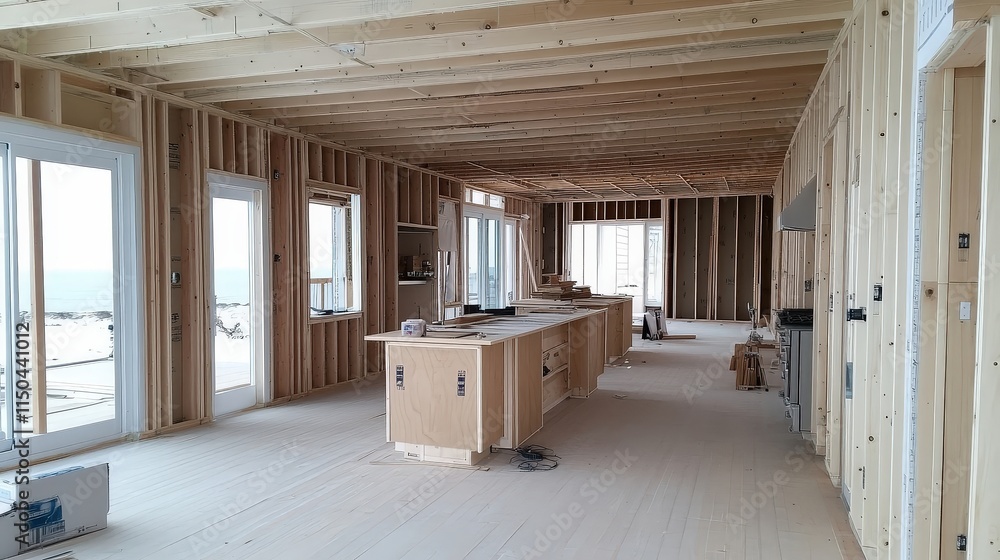 A line drawing shows a kitchen under construction with exposed studs and an island, plus wooden stools. This image is part of a set for a content generation website.