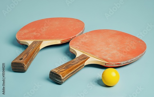 Ping pong paddles and ball on a simple background set for a fun game photo