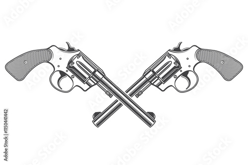 Crossed revolvers monochrome icon. Vector illustration. Design element for label, badge, emblem, sign. Template for western or gangster retro designs.