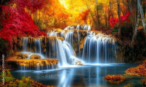 Waterfall surrounded by a lush autumn forest with brilliant reds, oranges, and yellows