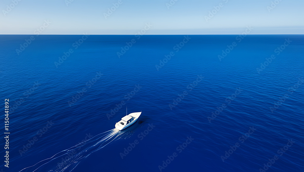 Naklejka premium A White Boat Floats Gently On A Vast Blue Ocean Surface.