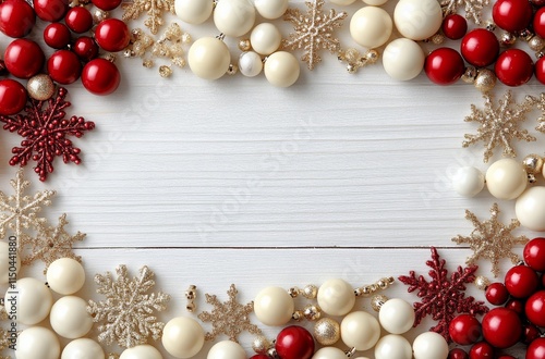 Festive holiday decoration featuring red and white ornaments on wooden background