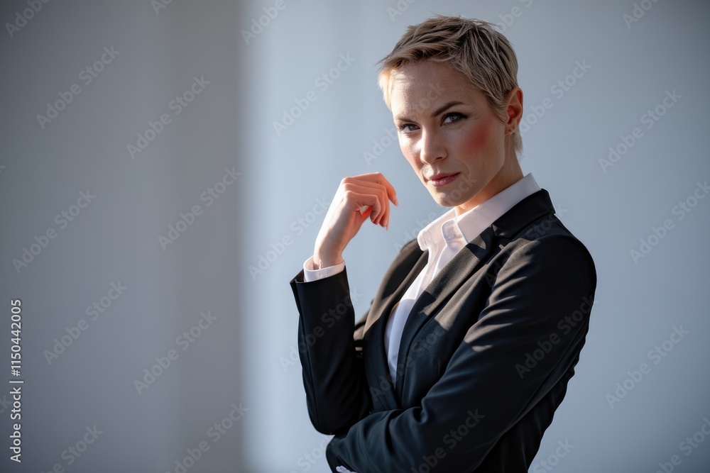 Confident businesswoman with short blonde hair, wearing a black suit and white shirt, poses thoughtfully. Confident businesswoman with short blonde hair, wearing a black suit and white shirt, poses thoughtfully.