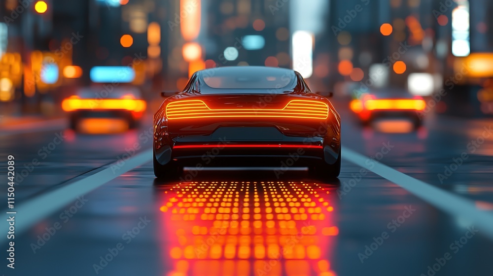 A sleek car emerges with vibrant taillights on a city street, reflecting a futuristic urban ambiance illuminated by glowing lights. A sleek car emerges with vibrant taillights on a city street, reflecting a futuristic urban ambiance illuminated by glowing lights.