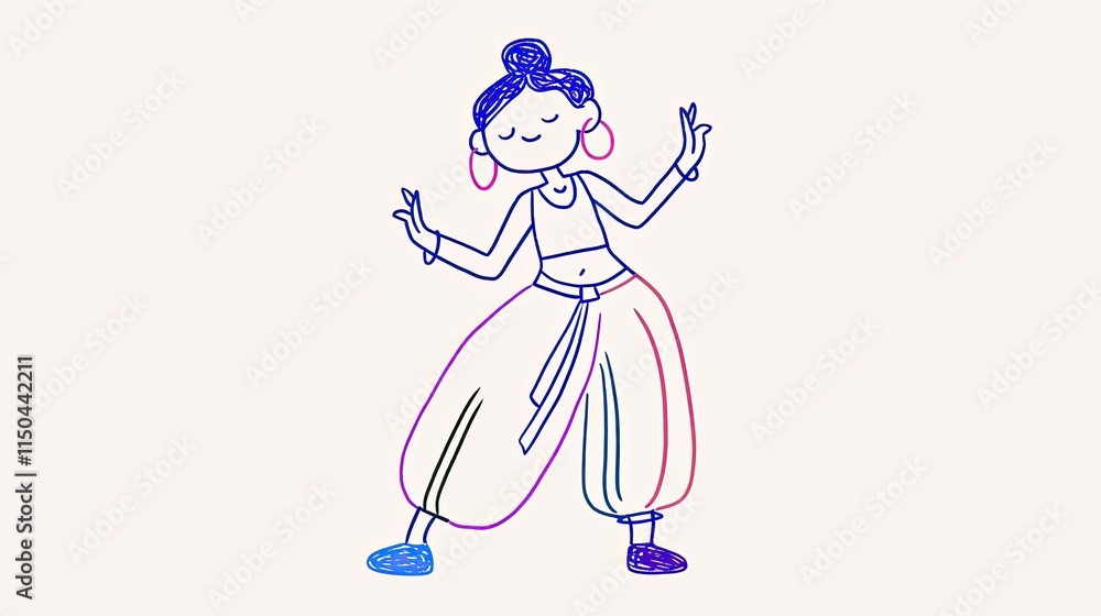 Woman Dancing in Loose Pants, A Colorful Line Art Illustration