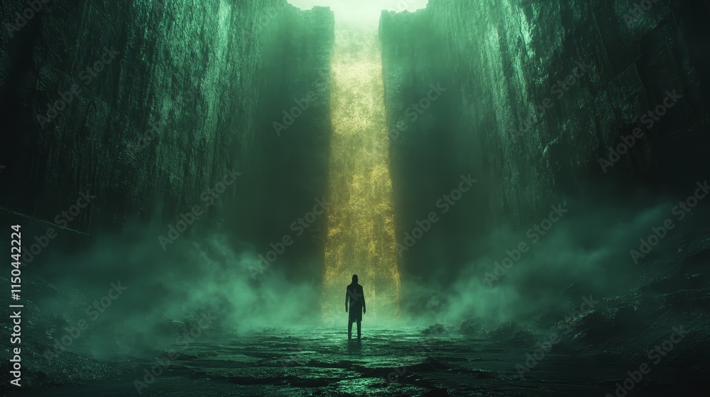 Obraz premium A man stands in front of a waterfall in a dark cave