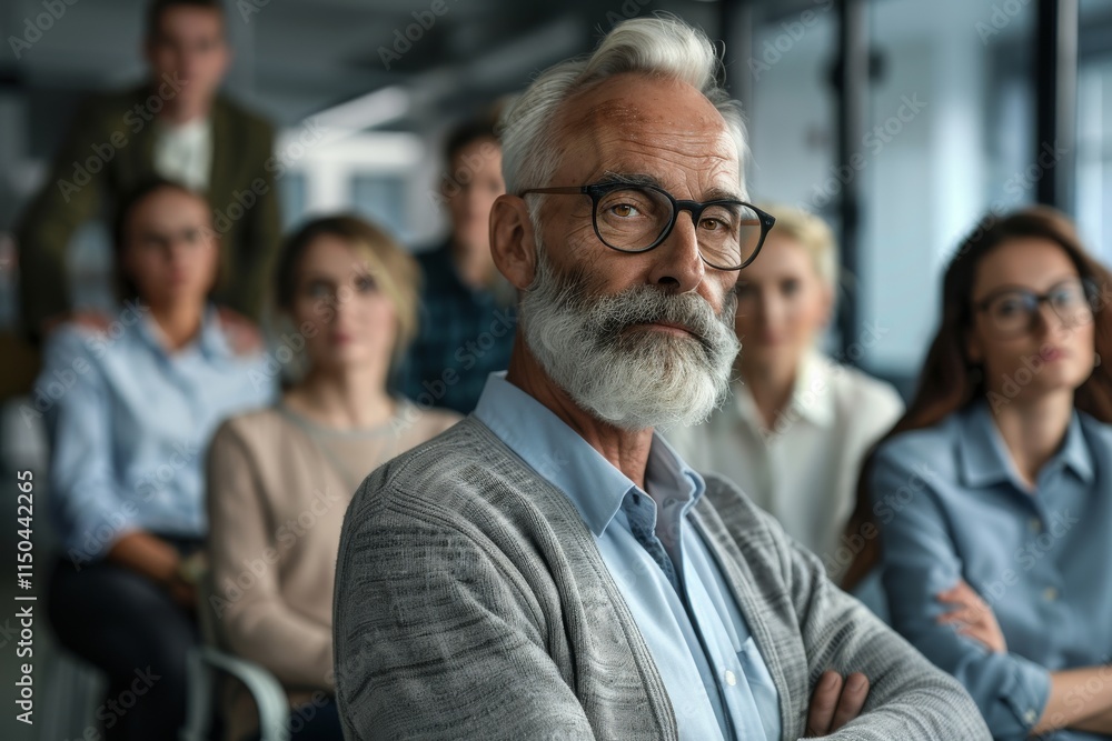 Portrait of a senior businessman standing with his team in the background Portrait of a senior businessman standing with his team in the background
