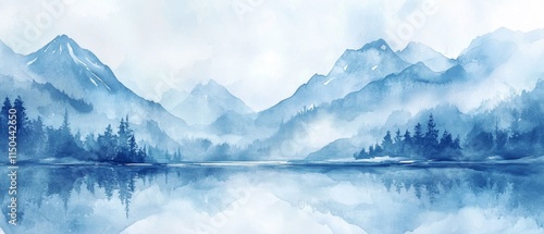 Wallpaper Mural Watercolor art background with mountains and lake in winter. Landscape banner in blue tones for art decorations Torontodigital.ca