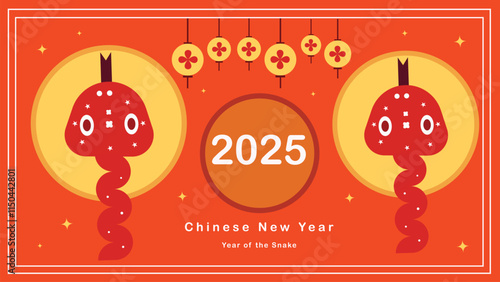 2025 Chinese new year, year of the snake template design with white snakes and beautiful flowers background.