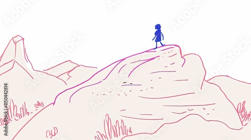 Simple Figure Walks to Mountain Peak in Abstract Landscape Illustration photo