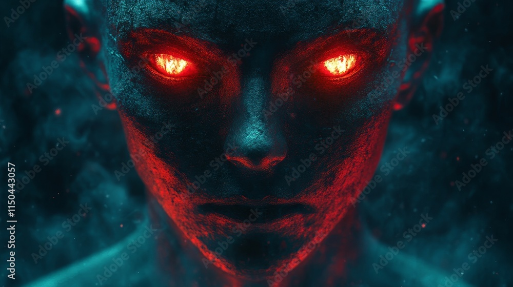 A woman's face is glowing red with a menacing look on her face A woman's face is glowing red with a menacing look on her face
