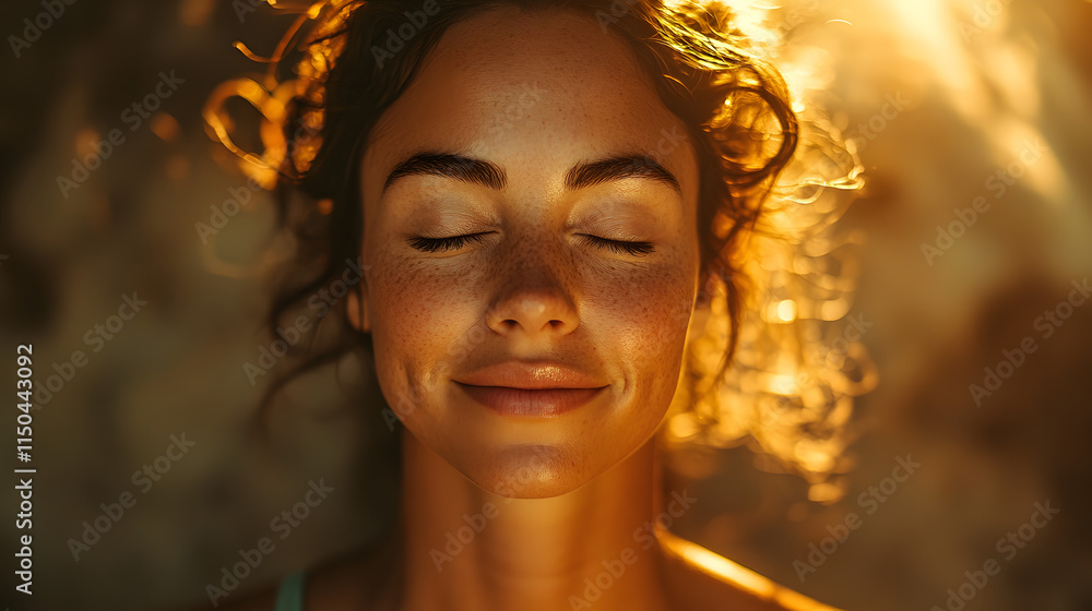 serene woman with closed eyes, glowing with joy in warm light serene woman with closed eyes, glowing with joy in warm light