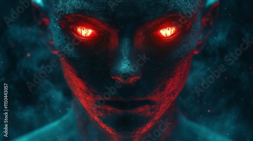 A woman's face is glowing red with a menacing look on her face