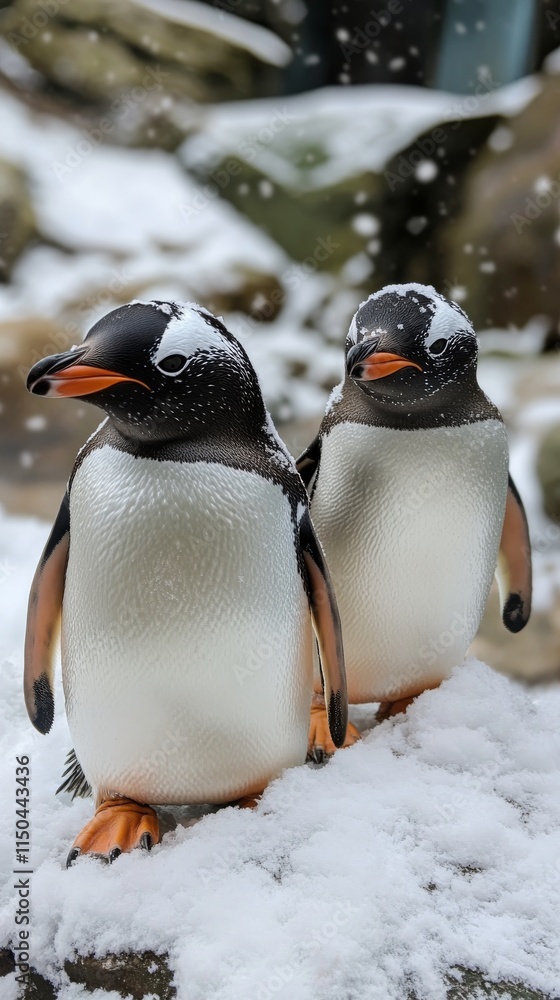 Fototapeta premium Penguins standing together in snowy habitat during a winter day