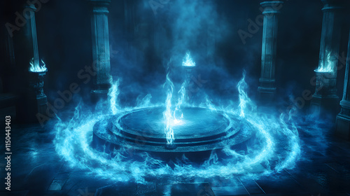 Wallpaper Mural A mystical altar surrounded by a circle of glowing blue flames with ghostly smoke rising in spirals. Torontodigital.ca