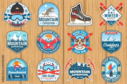 Set of ski and Snowboard Club sport retro badge, textile patch. Vector shirt, print, seal or stamp with ski glasses, skeleton, winter sport hat, skate, helmet, snowboarder and mountain.