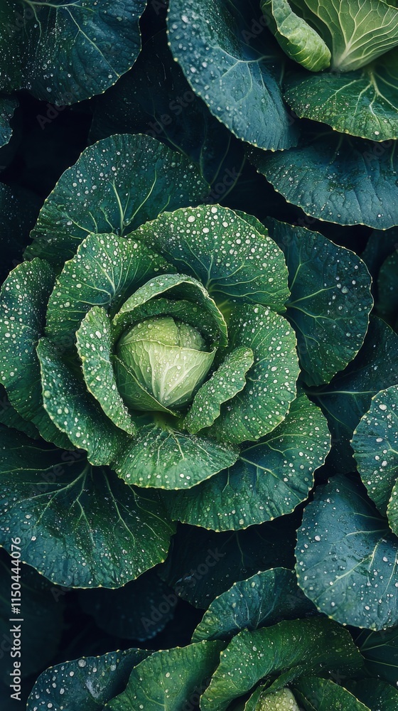 Fototapeta premium Fresh green cabbage with dew drops in a garden setting during early morning hours