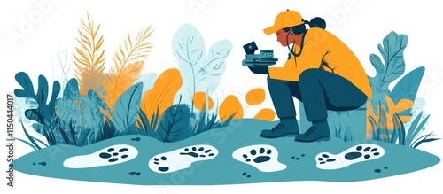 Wildlife Researcher Documents Animal Tracks in Lush Habitat