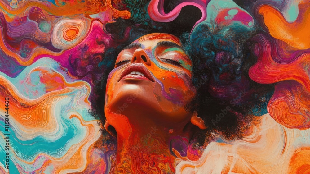 Fototapeta premium Chromatic Dreamscape: A portrait of a woman immersed in a vibrant, swirling world of color, her face adorned with paint, eyes closed in peaceful serenity.
