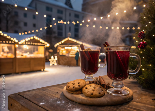 Two glasses of hot mulled spicy wine with cookies at a Christmas market illuminated at night in december photo