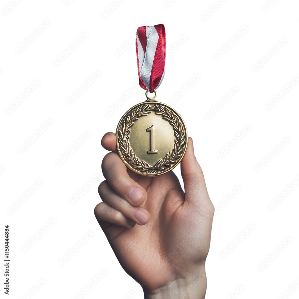 Hand holding a first place medal with a blue background. PNG transparent. Hand holding a first place medal with a blue background. PNG transparent.
