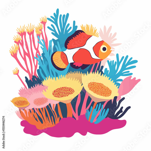  simple A colorful reef scene with a clownfish hiding among anemones. flar vector photo