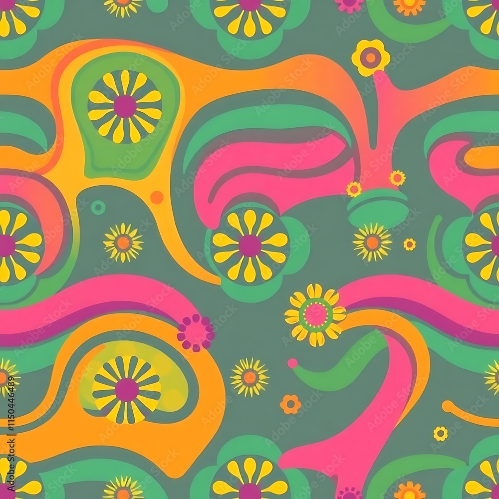 Fototapeta premium Groovy Floral Pattern: A vibrant and psychedelic seamless pattern featuring whimsical flowers, swirling lines, and a retro color palette. Perfect for adding a touch of 70s flair to your designs.
