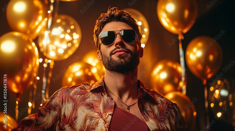 Obraz premium A stylish man wearing sunglasses, posing in front of metallic gold balloons and party lights.