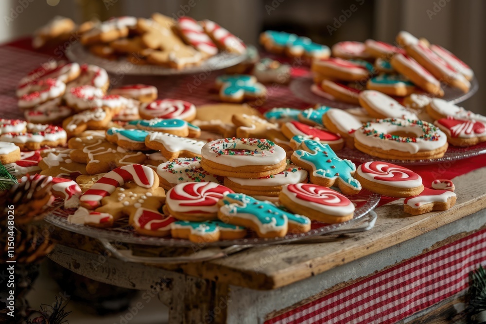 Fototapeta premium Assortment of Christmas cookies decorated with festive icing and sprinkles.