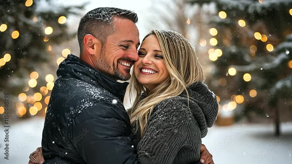 A smiling couple holding each other close in a snow-covered park, with gentle snowflakes falling and warm bokeh lights creating a magical atmosphere A smiling couple holding each other close in a snow-covered park, with gentle snowflakes falling and warm bokeh lights creating a magical atmosphere