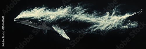 A whale, appearing as if surrounded by smoke or mist, is depicted against a black background.