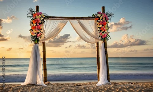 Beach Wedding Ceremony Archway with Floral Decorations at Sunset photo