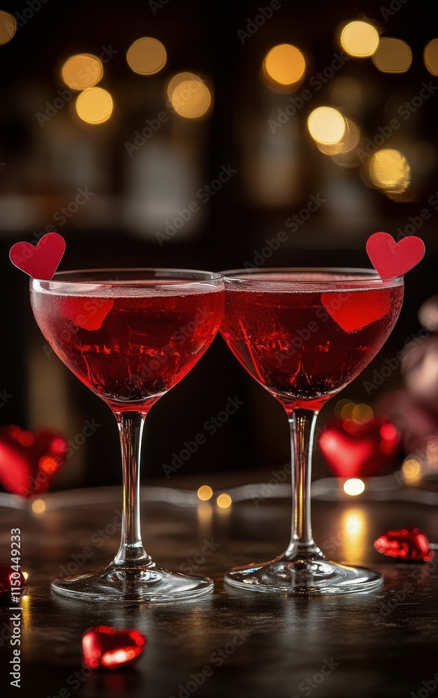 Romantic evening with elegant red cocktails and heart decorations for a special celebration Romantic evening with elegant red cocktails and heart decorations for a special celebration