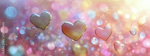 Colorful hearts float gently in a dreamy background of shimmering bokeh lights