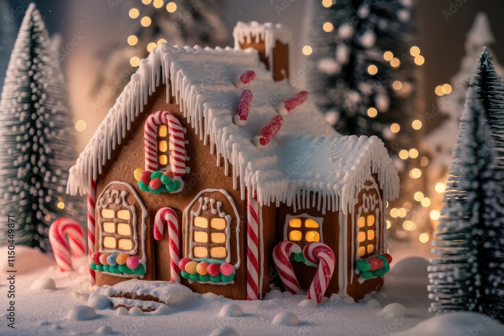 A charming gingerbread house adorned with candy canes and nestled in a snowy Christmas village scene. A charming gingerbread house adorned with candy canes and nestled in a snowy Christmas village scene.