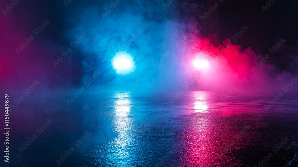 Fototapeta premium Wet asphalt, reflection of neon lights, a searchlight, smoke. Abstract light in a dark empty street with smoke