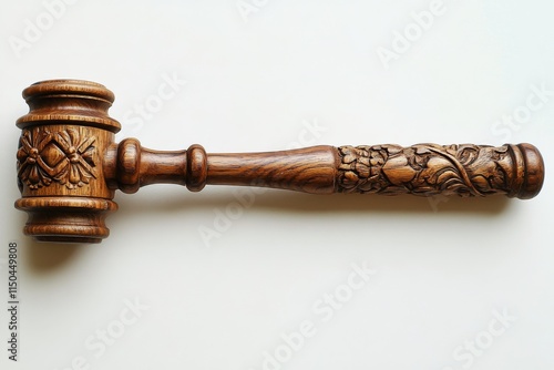 Carved wooden gavel resting on a plain surface showcasing intricate detailing and craftsmanship photo