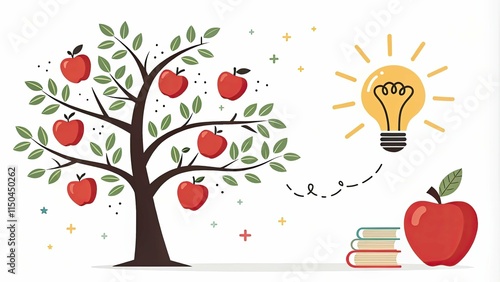 A tree with apples on it and a light bulb above it