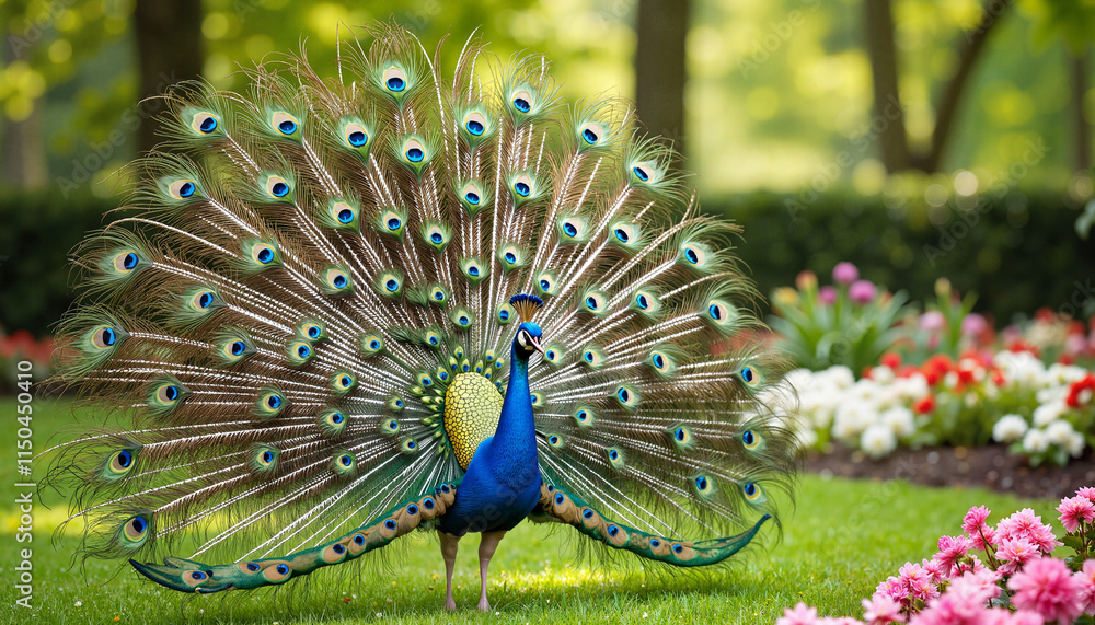 Obraz premium A majestic peacock proudly displays its colorful plumage in a serene garden. The setting is adorned with blooming flowers, celebrating the joy of wildlife on World Wildlife Day