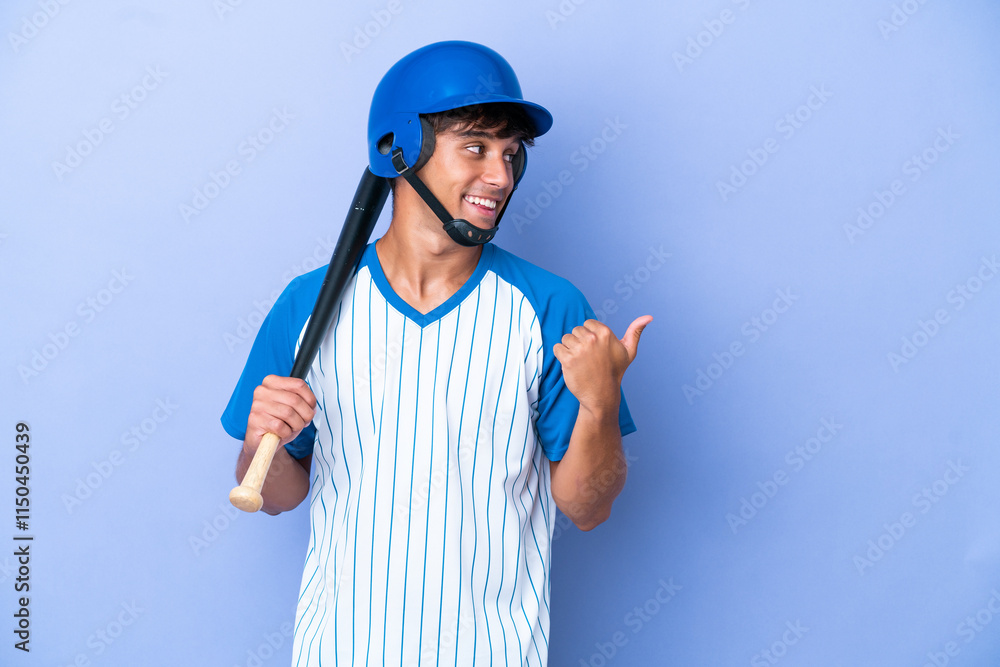 Baseball caucasian man player with helmet and bat isolated on blue background pointing to the side to present a product Baseball caucasian man player with helmet and bat isolated on blue background pointing to the side to present a product