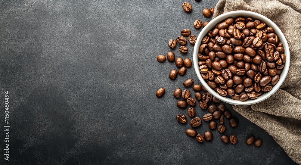 Coffee beans in a bowl with scattered beans on a rustic surface Coffee beans in a bowl with scattered beans on a rustic surface