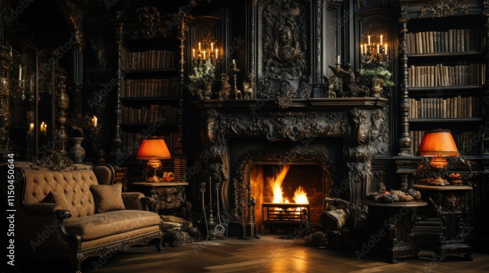 Fototapeta premium Gothic Library with Fireplace and Cozy Seating